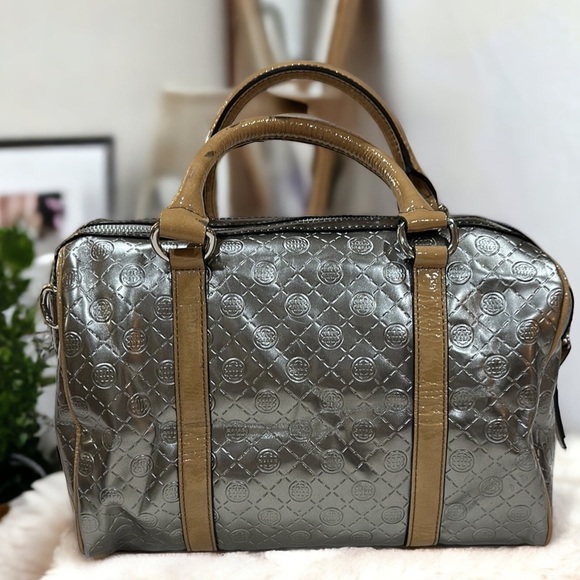 Dana Buchman gray silver satchel bag w/tan patent leather trim & handles - Picture 8 of 16